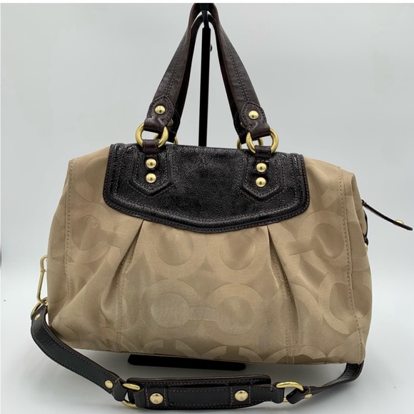 Coach Signature Madison Op Art Audrey Khaki Brown Satchel 14294 Handbag Purse - Picture 6 of 11